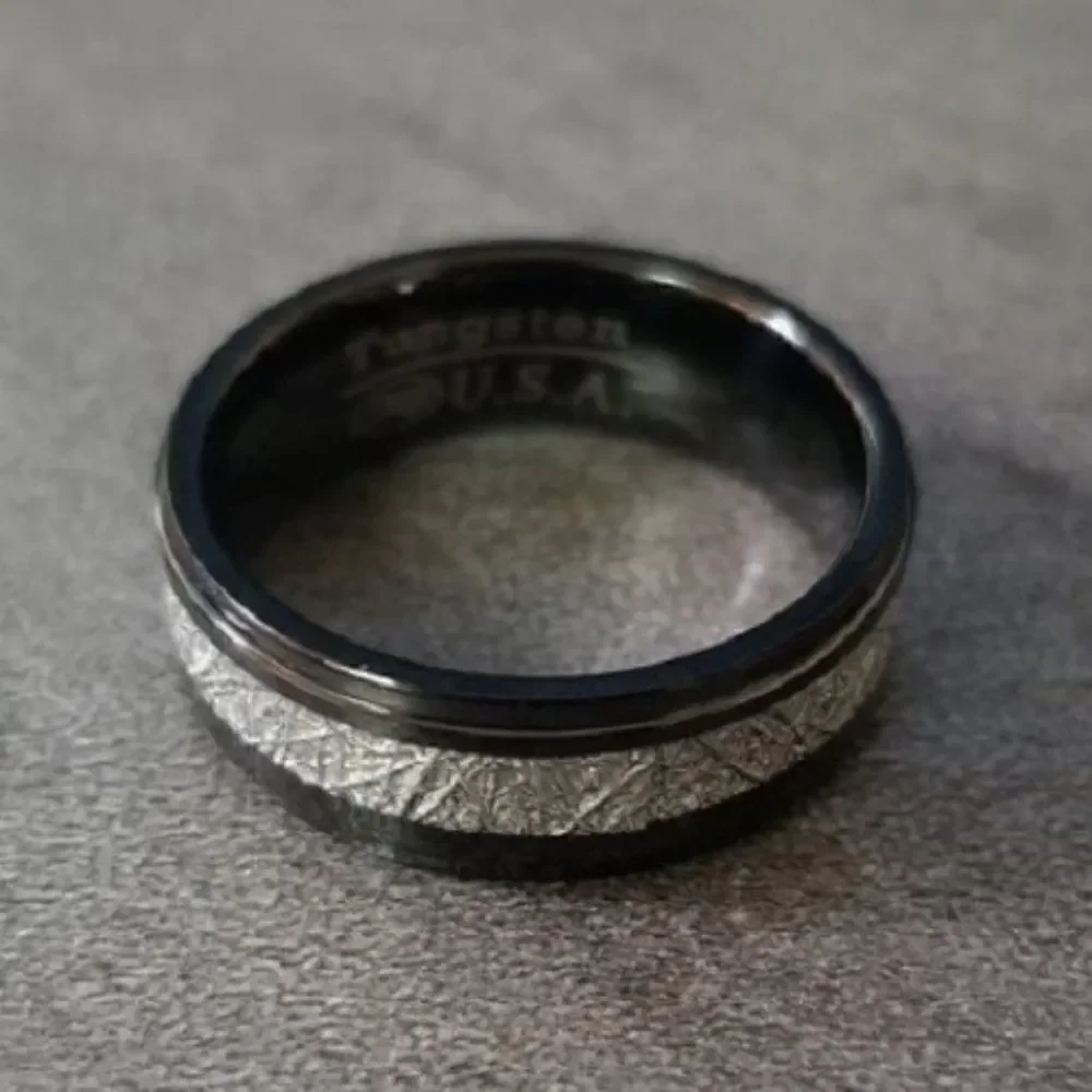 Engraved Men's Real Black Tungsten Promise Ring With Meteorite Inlay